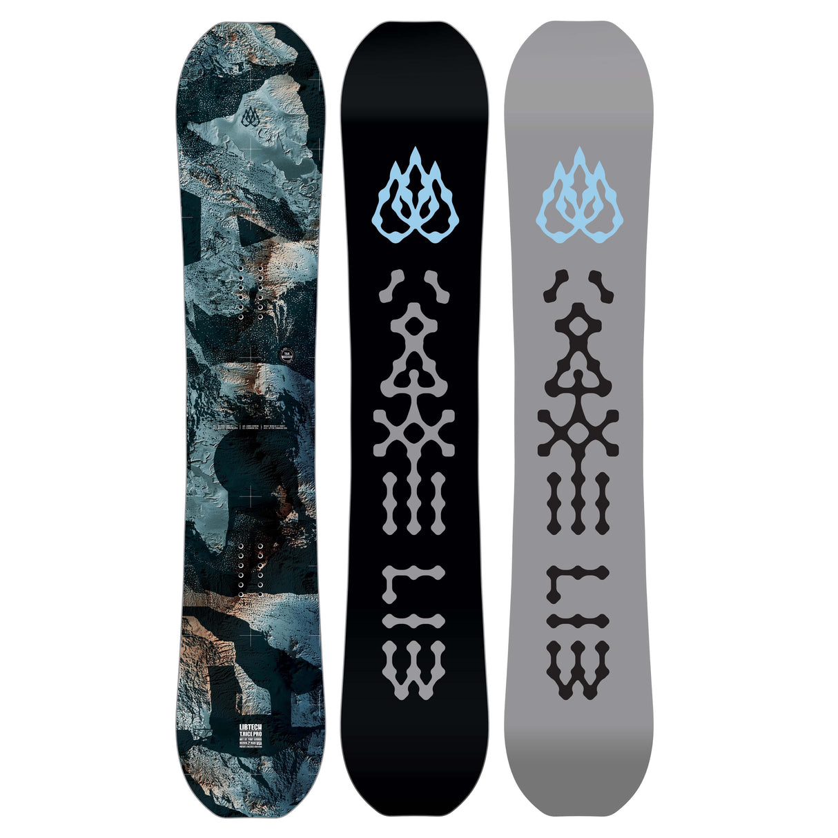 T-RicePro- Two views of a snowboard with different designs on a white background