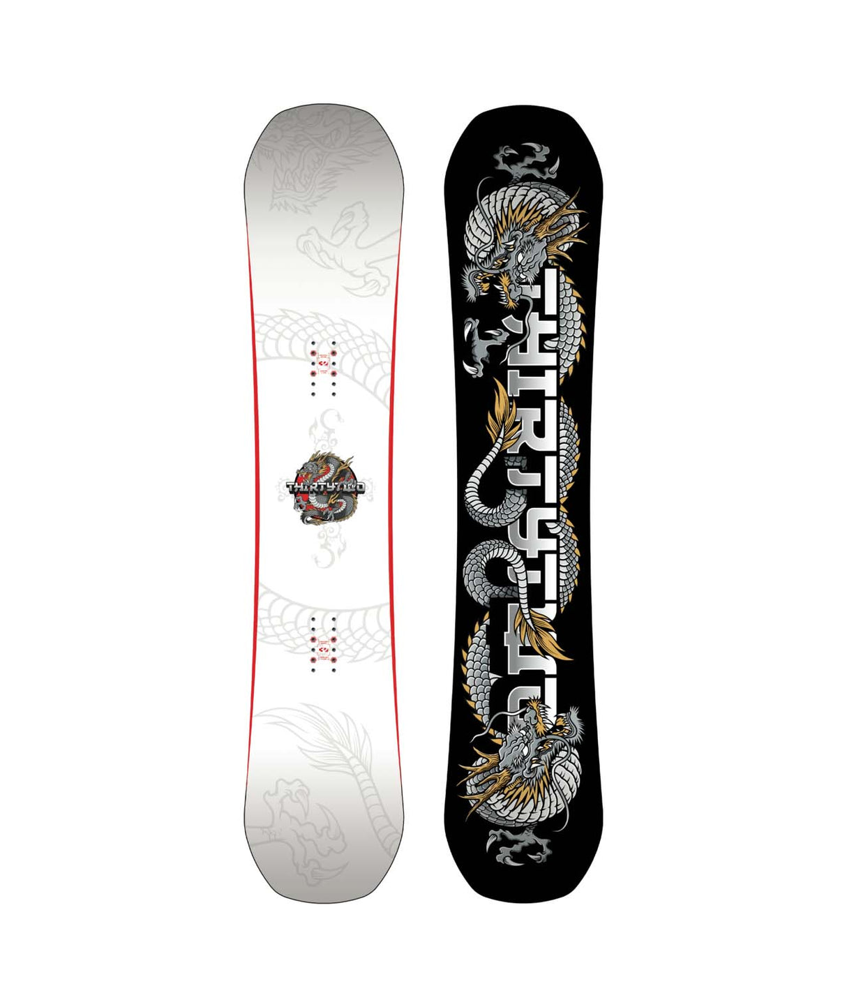 T32MCarbon- Two views of a snowboard with a dragon design on a white background