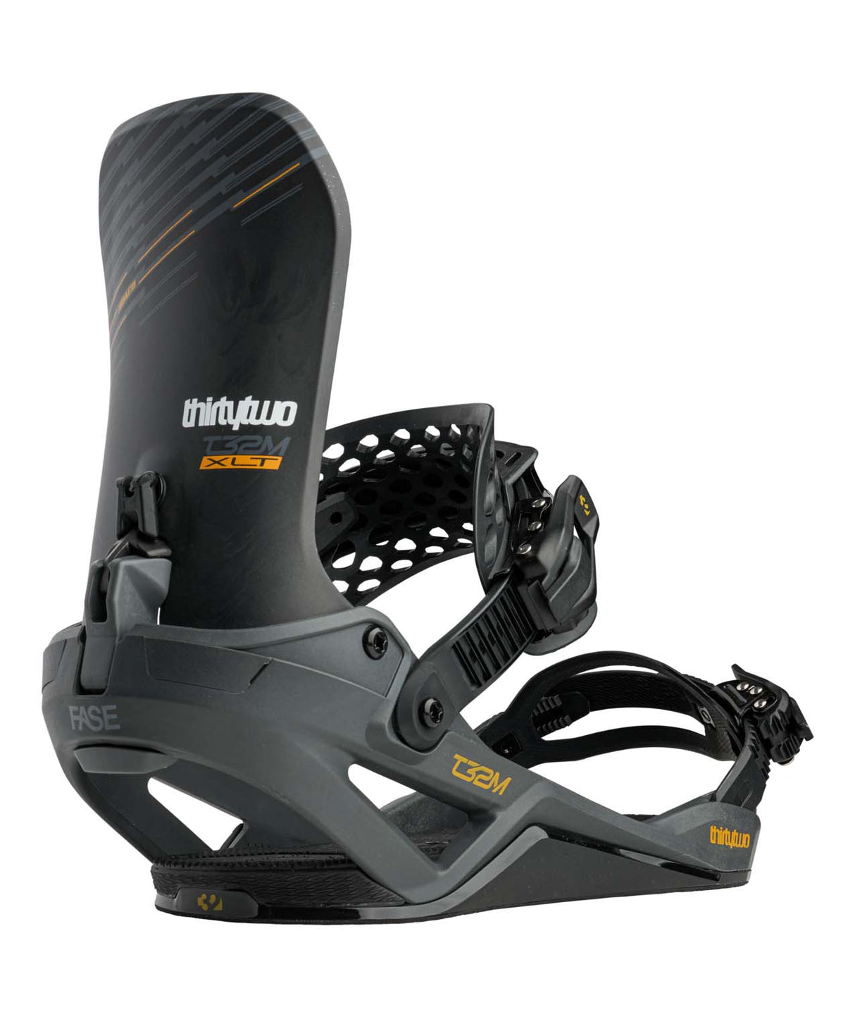 T32MXLTFase-Black and gray snowboard binding with 'thirtytwo' branding on a white background