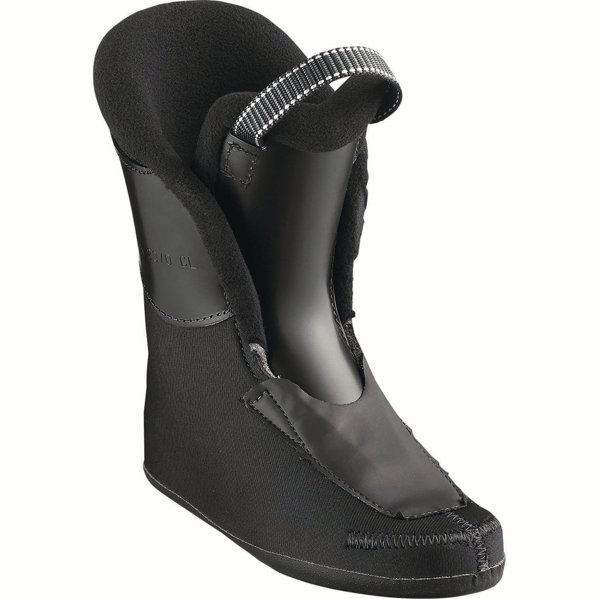 T4M- Black ski boot on a white background with Salomon brand.