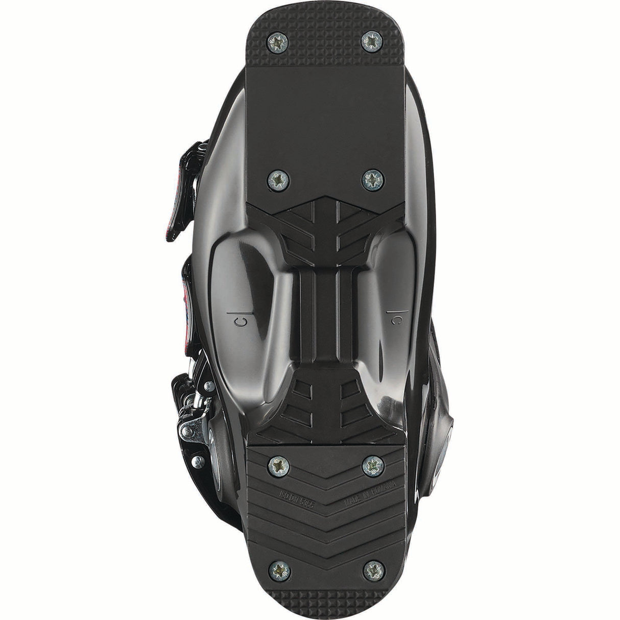 T4M- Black ski boot on a white background with Salomon brand.