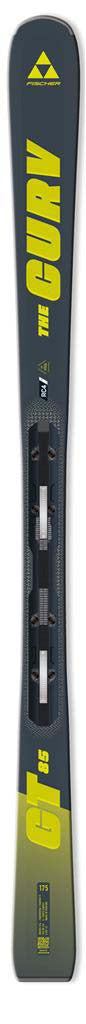 THECURVGT85_RSW12PR- A single ski shown vertically against a plain white background, with visible branding and model text including 'THECURV' and 'GT85'. The ski has a dark gray base with bright yellow graphics and black details.