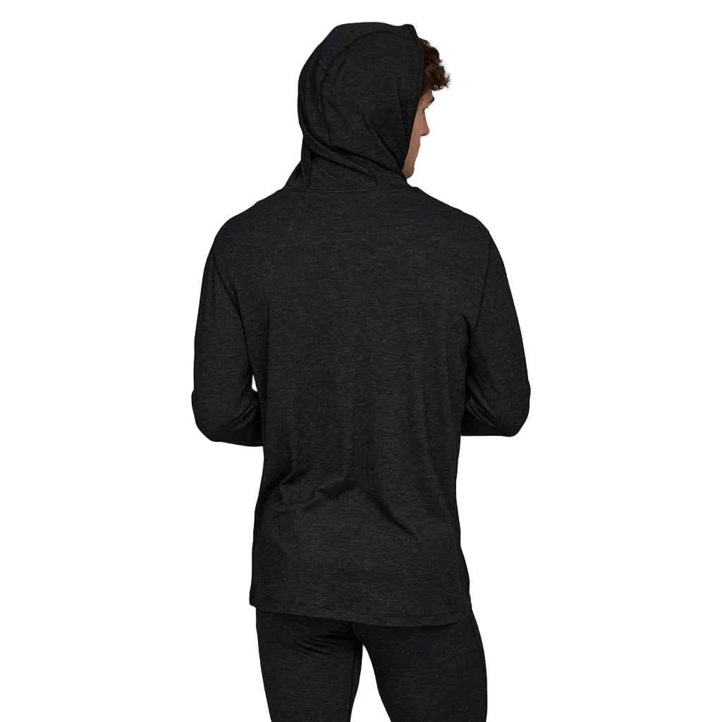 Featherweight Hooded LS Crew-Black hoodie with a small white logo on a white background