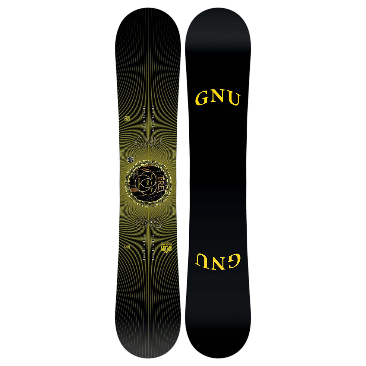 TRE- Black GNU snowboard with gold logo on a white background