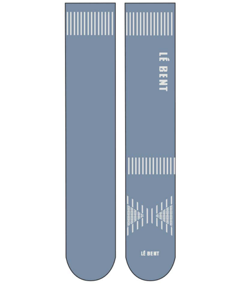 TargetedCushionLogoSnowSock-Pair of blue socks with white patterns and 'Le Bent' branding on a white background