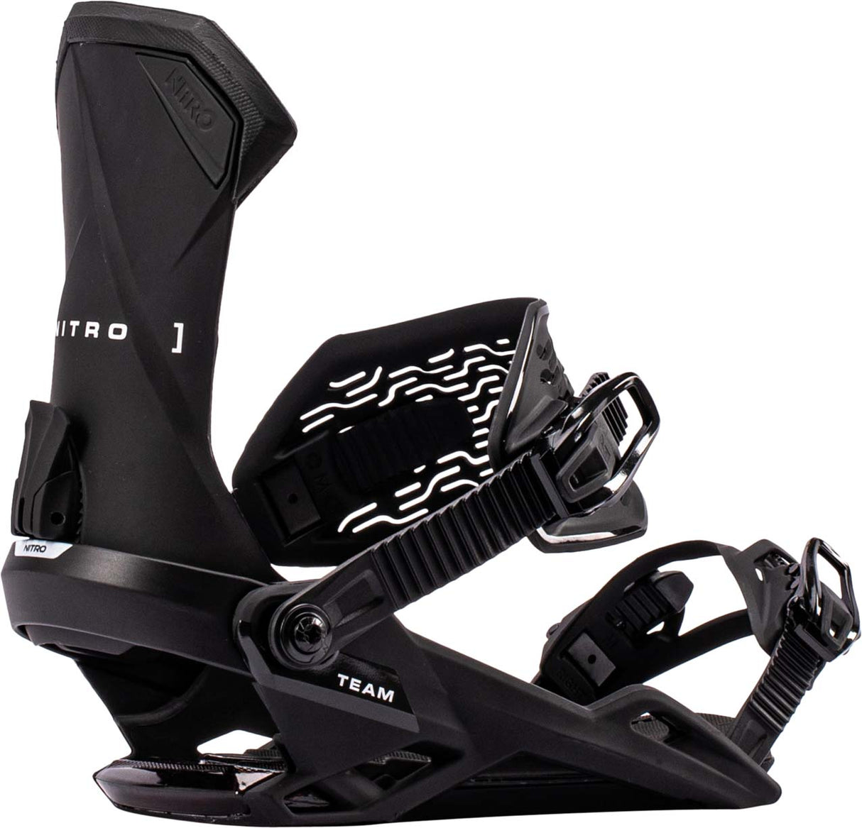 TeamBinding-Black snowboard bindings with Nitro branding on a white background