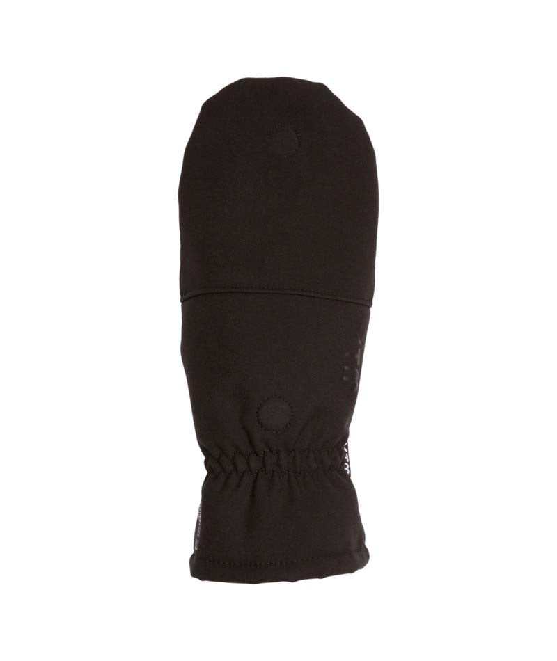 TeaseHoodedGlove-A pair of black winter mittens shown flat against a solid white background, displaying both the back of one mitten and the front/pocket side of the other.
