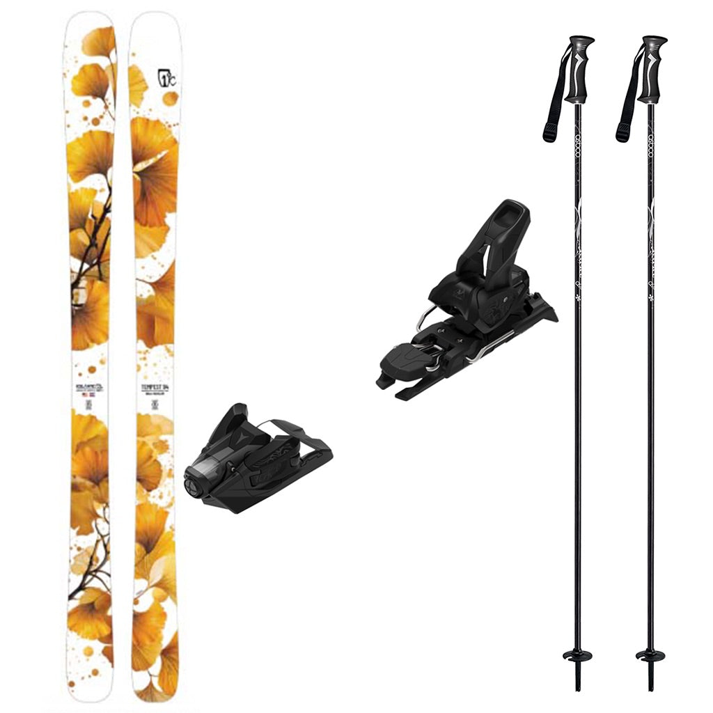 Tempest94w_Strive12-A ski equipment set on a white background, including a pair of skis with a white base printed with large orange and yellow ginkgo leaves, two black ski bindings, and two black ski poles with white branding.