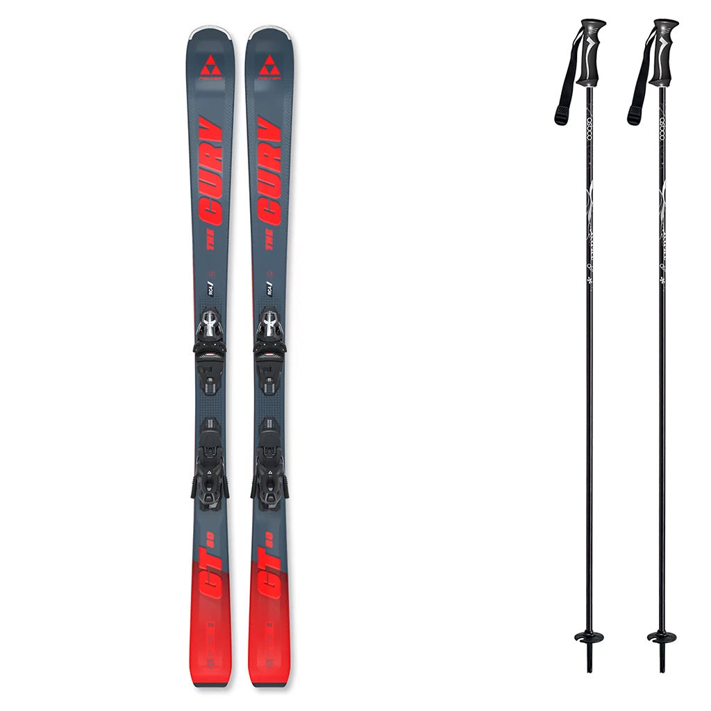 TheCurvGT80w_RSW11SystemBinding-A pair of skis and two ski poles shown on a plain white background. The skis are dark gray with red branding and red toe areas, and the poles are black with white graphics.