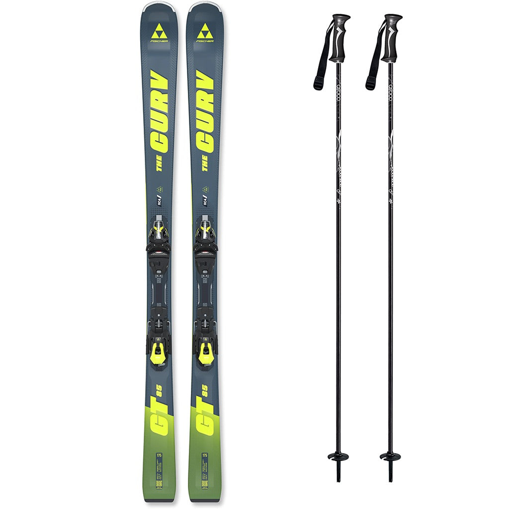 TheCurvNoizeGT85w_RSW12SystemBinding-A pair of Fischer The Curve skis and two ski poles on a solid white background.