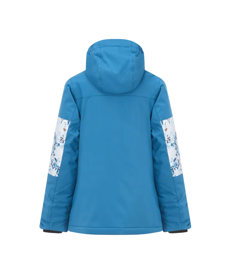 TisseraJacket- A blue and white jacket with a floral pattern on the upper sleeves and chest, featuring a front zipper, zippered hand pockets, and a small The Picture Organic logo on the left chest.