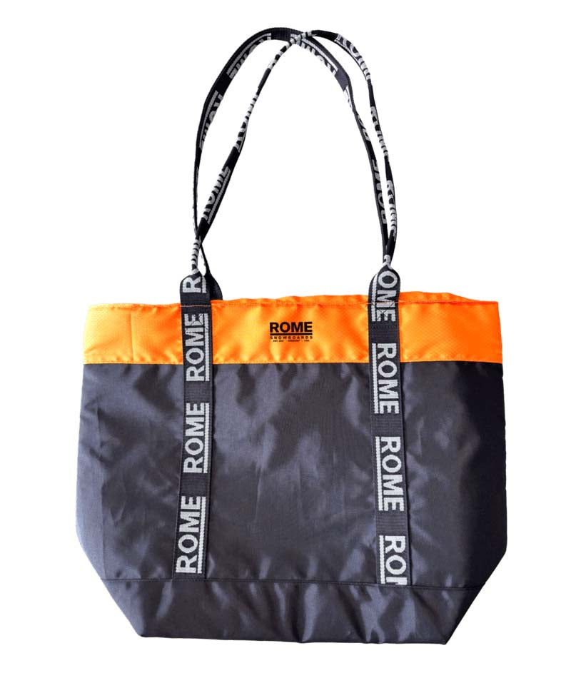 ToteBag-Black tote bag with orange stripe and 'Rome' branding on a white background