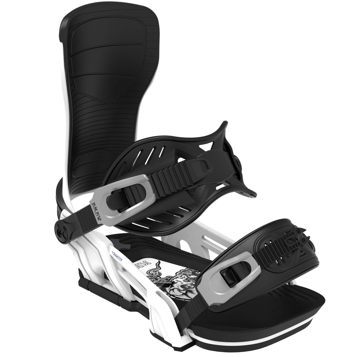 Transfer-White and black snowboard binding on a white background