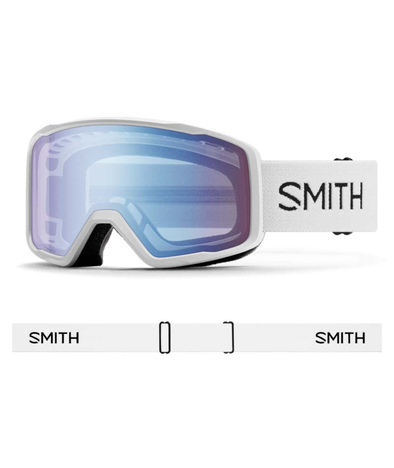 Tribute-Smith snow goggles with a white frame and blue mirror lens on a white background