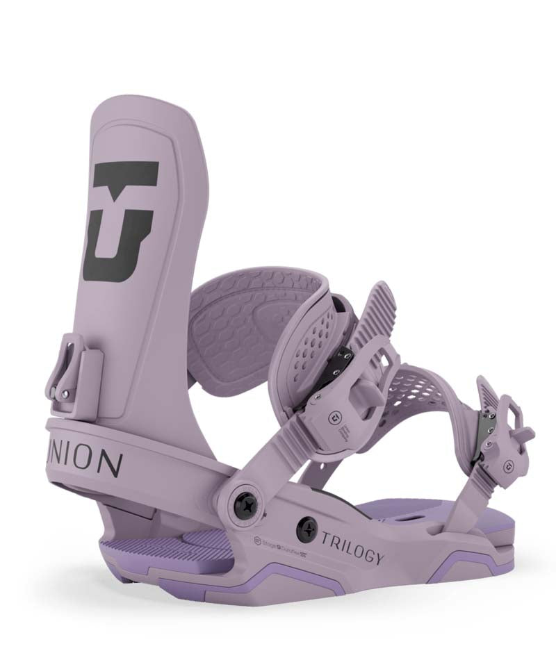 Trilogy-Light purple snowboard binding with 'Union' branding on a white background