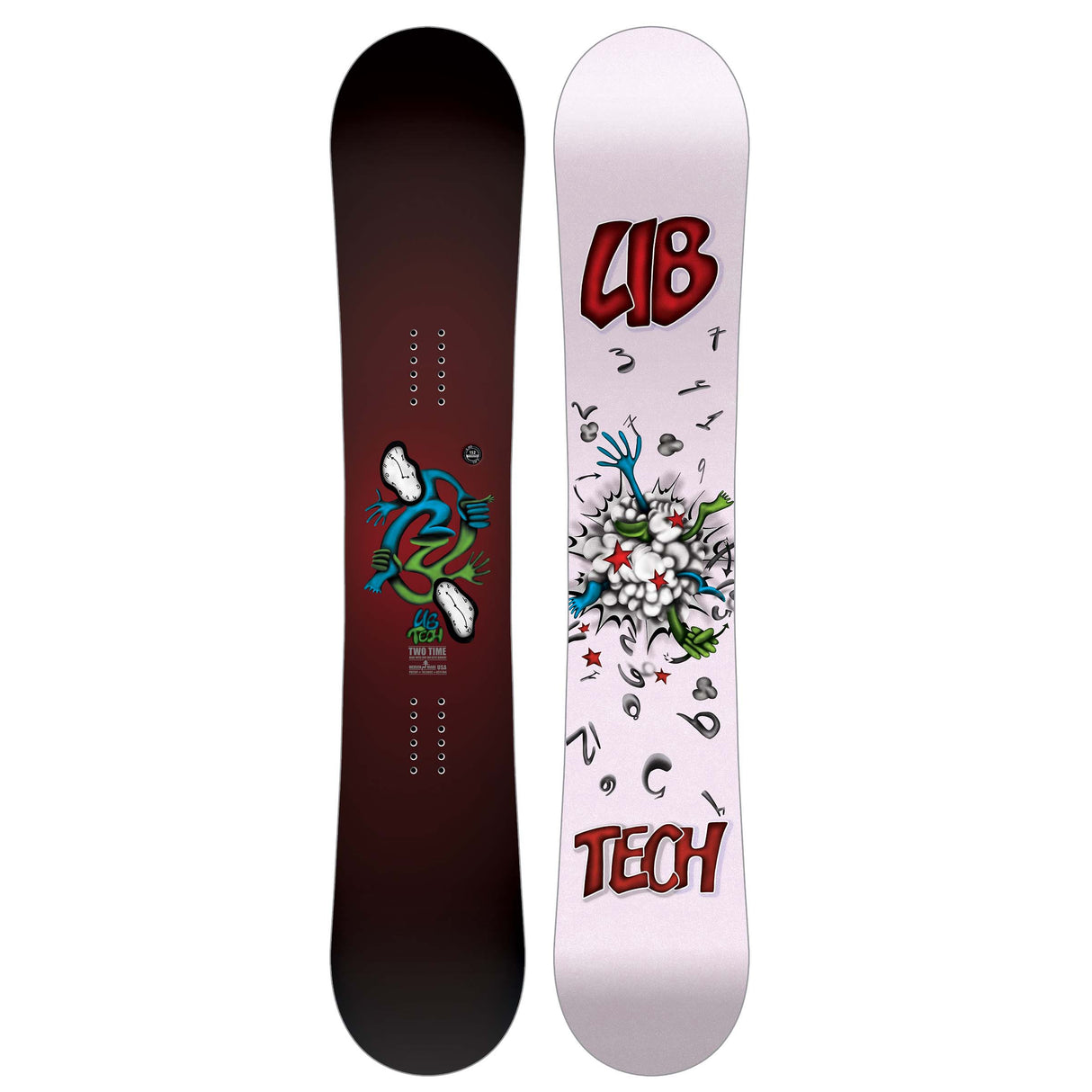 TwoTime- Two views of a snowboard, one black and red and one which is the base light pink with colorful graphics and 'LIB TECH' branding, on a white background.