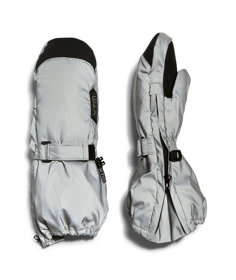 TykeMitt-A pair of XTM snow mittens in light gray and black, shown flat against a white background.