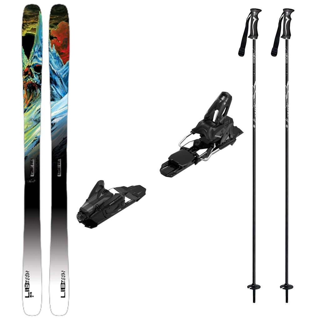 Ufo95w_Strive14- A ski and touring equipment set on a plain white background, including a pair of skis with colorful abstract graphics, two black ski bindings, and two black ski poles with white branding.