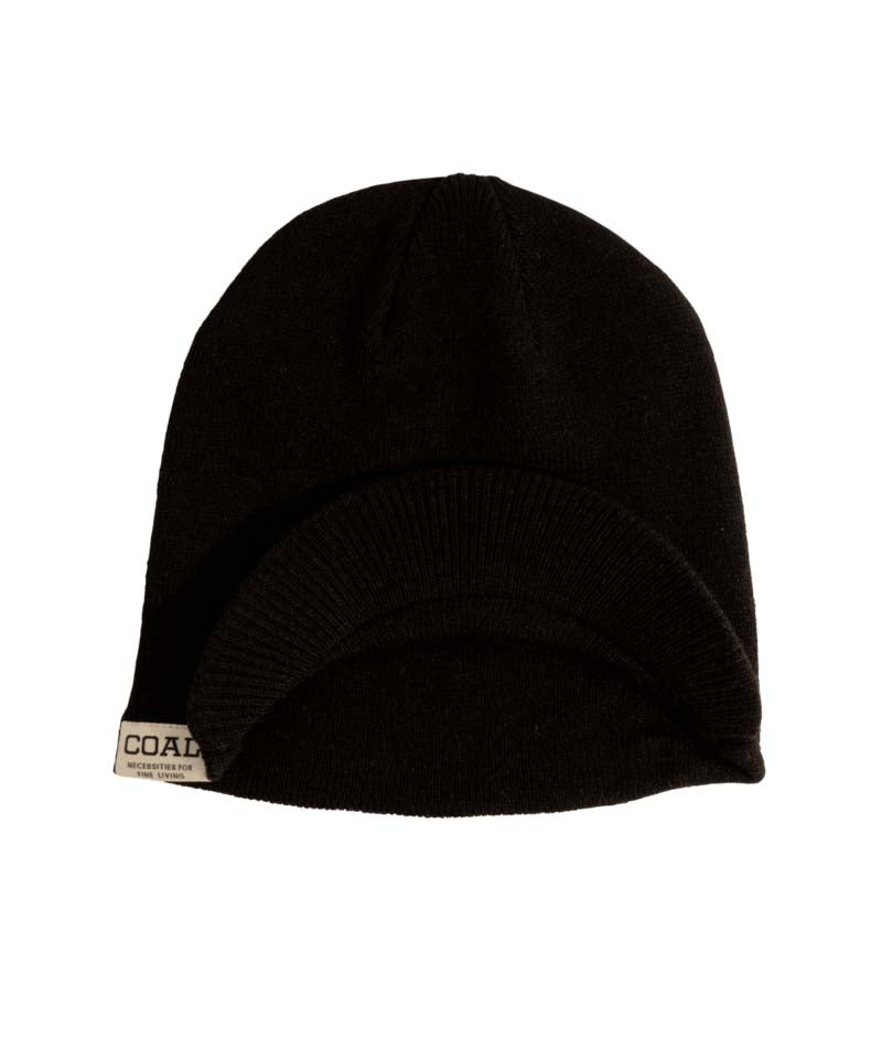 UniformBrimBeanie- Black beanie with a brand label on a white background