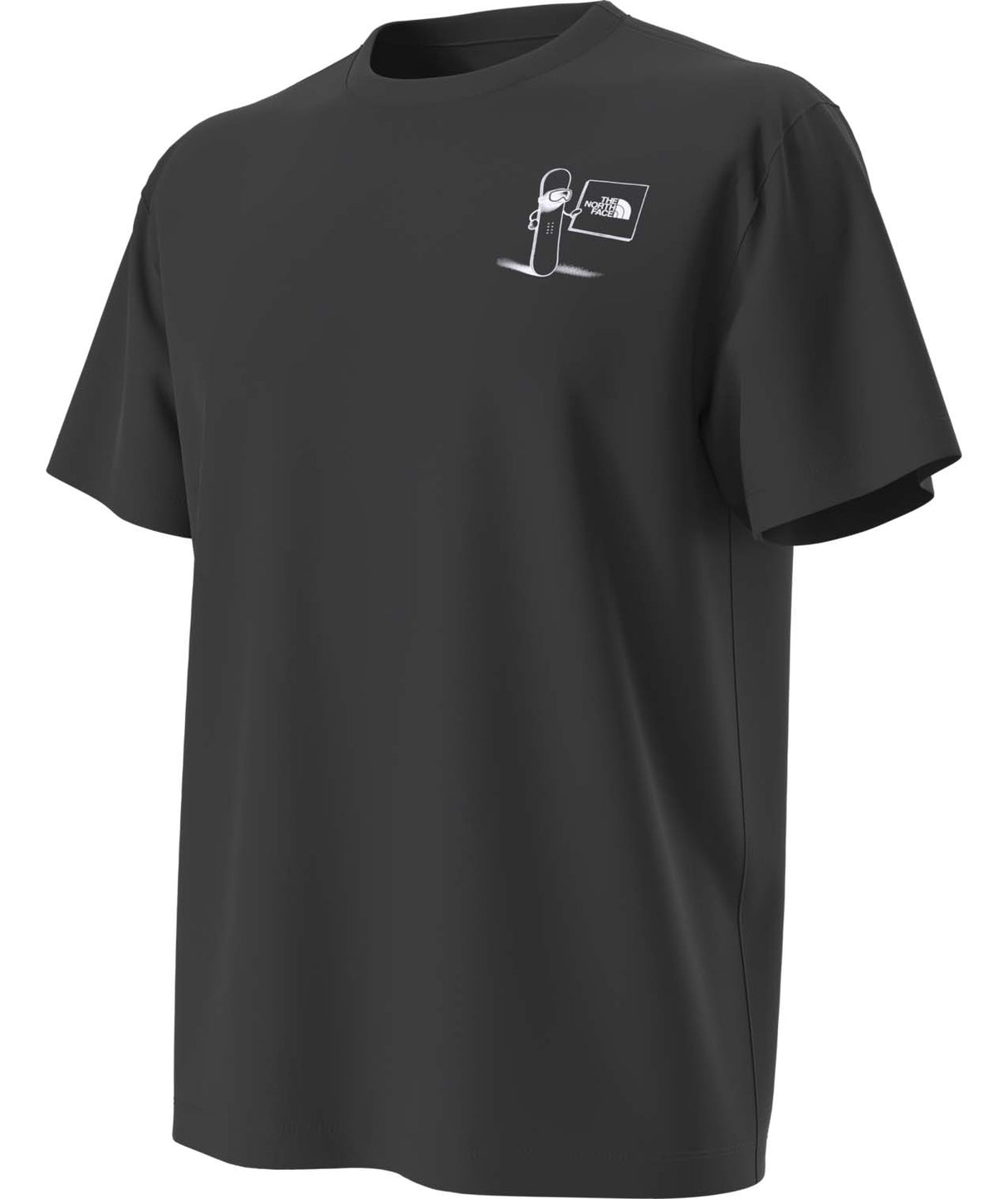 UnisexOppositesAttractRelaxedShort-SleeveTee- Black T-shirt with 'The North Face' logo and snowboard on the right shoulder on a white background