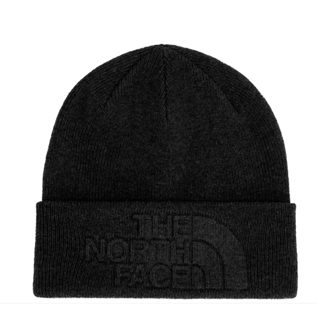 Apres Embossed Beanie- Black beanie on white background