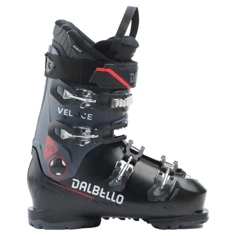 Veloce Max 90-Black and gray ski boot with red accents on a white background