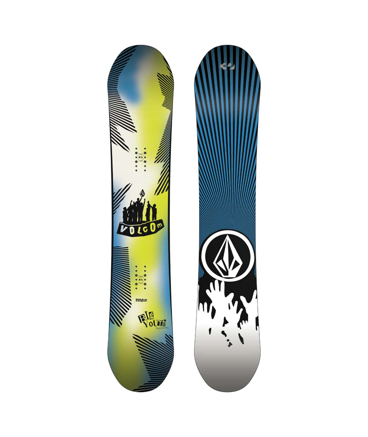 VolcomBYHYouth- Two views of a Thirty-Two X Volcom snowboard with a white background