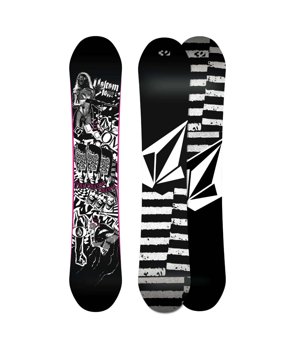 VolcomCreedler- Two views of a snowboard with unique designs on a white background
