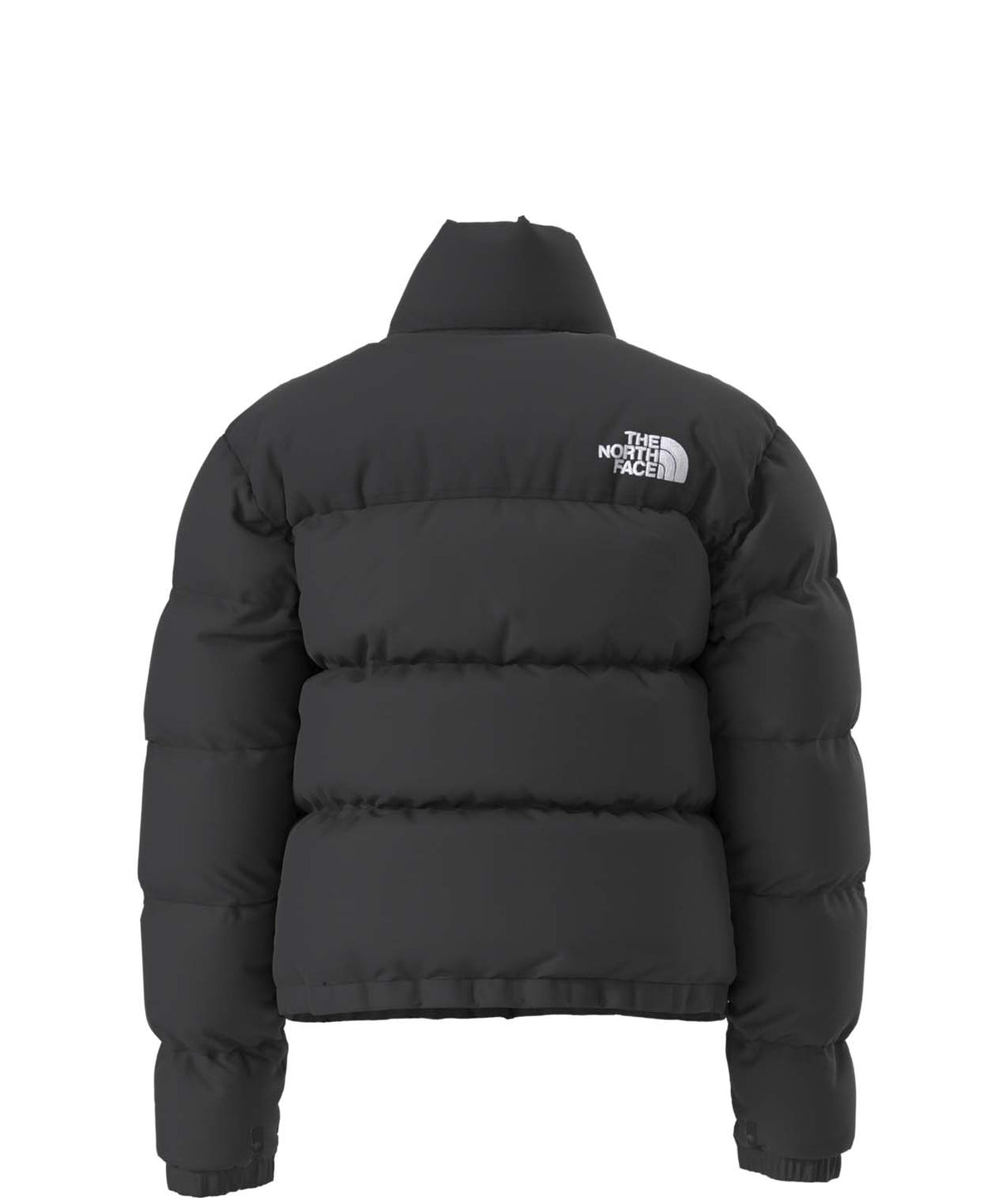 W1996RetroNuptseJacket-Black puffer jacket with The North Face logo on a white background