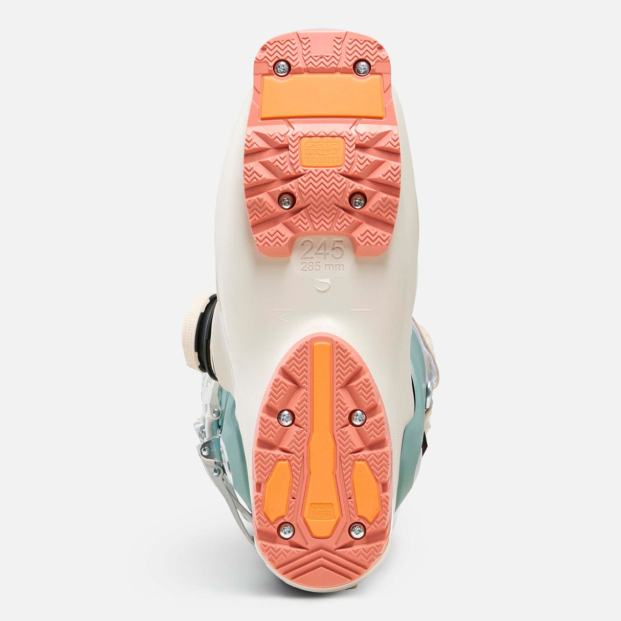 WAlltrack80BOA- Cream, teal, and orange ski boot on a white background
