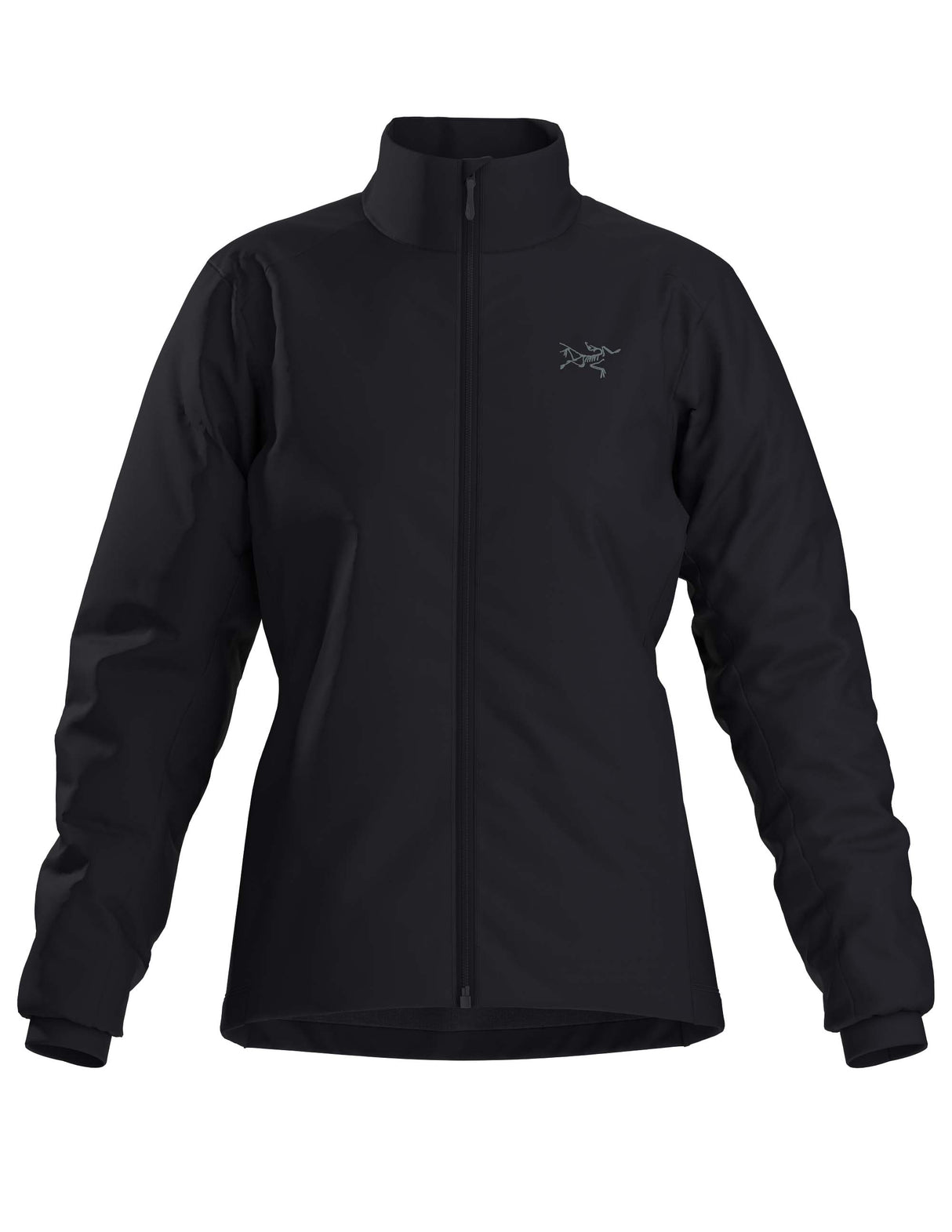 WAtomJacket-A black full-zip jacket with a stand-up collar and a small Arc'teryx logo on the left chest, displayed on a clean white background.