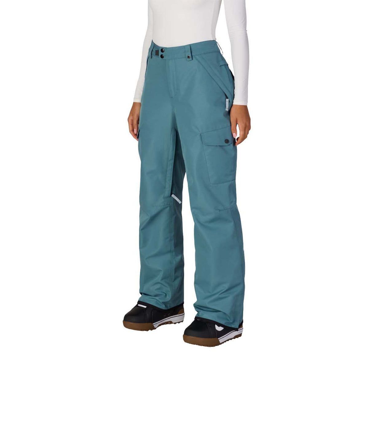 WAuraInsulatedCargoPant-Teal snow pants worn by a person on a white background