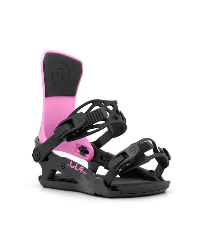 WCL-4- Black and pink snowboard bindings on a white background
