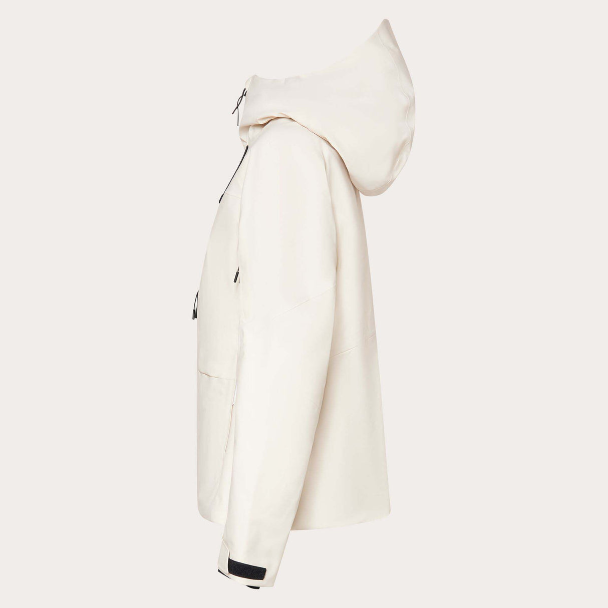 WCanopyInsulatedJacket-An off-white hooded ski jacket with black zipper details and drawstrings, displayed on a neutral light gray background.