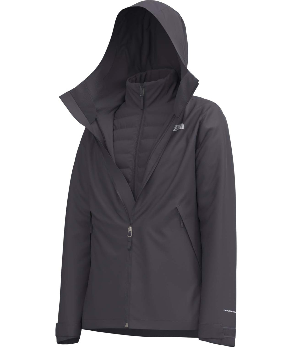 WCartoMonoTriclimateHoodedJacket- Dark Grey Jacket with hood and inner jacket on a white background