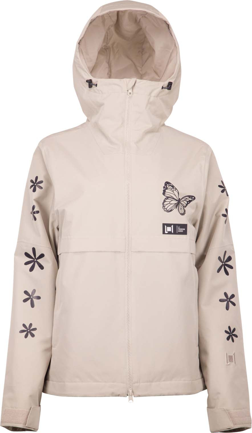 WChromaJacket- Cream jacket with flowers down both sleeves and a butterfly on the top left shoulder on a white background