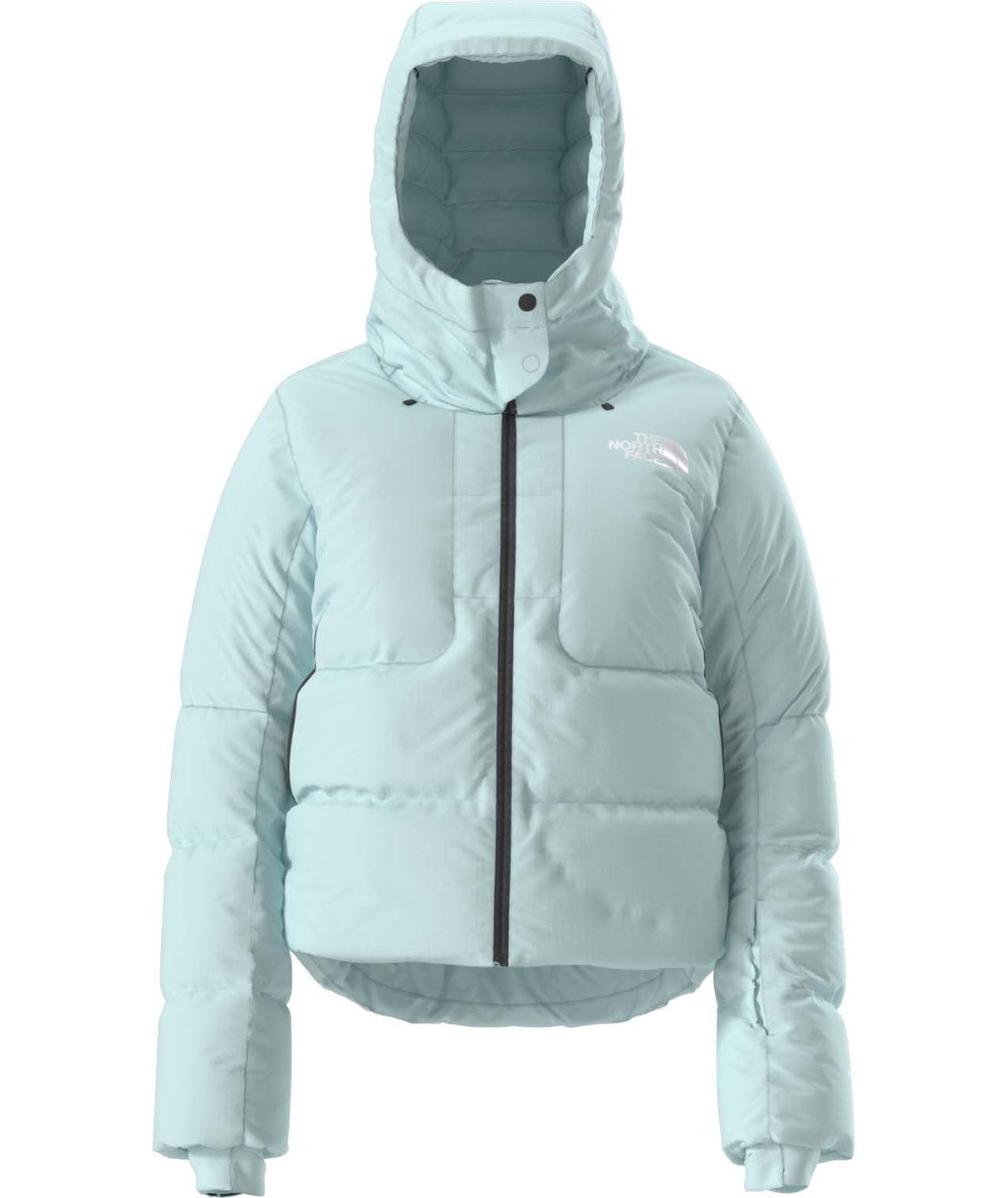 WColdSpellCroppedDownJacket-Light blue puffer jacket with a hood on a white background