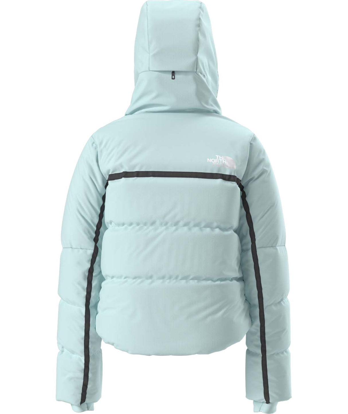 WColdSpellCroppedDownJacket-Light blue puffer jacket with a hood on a white background