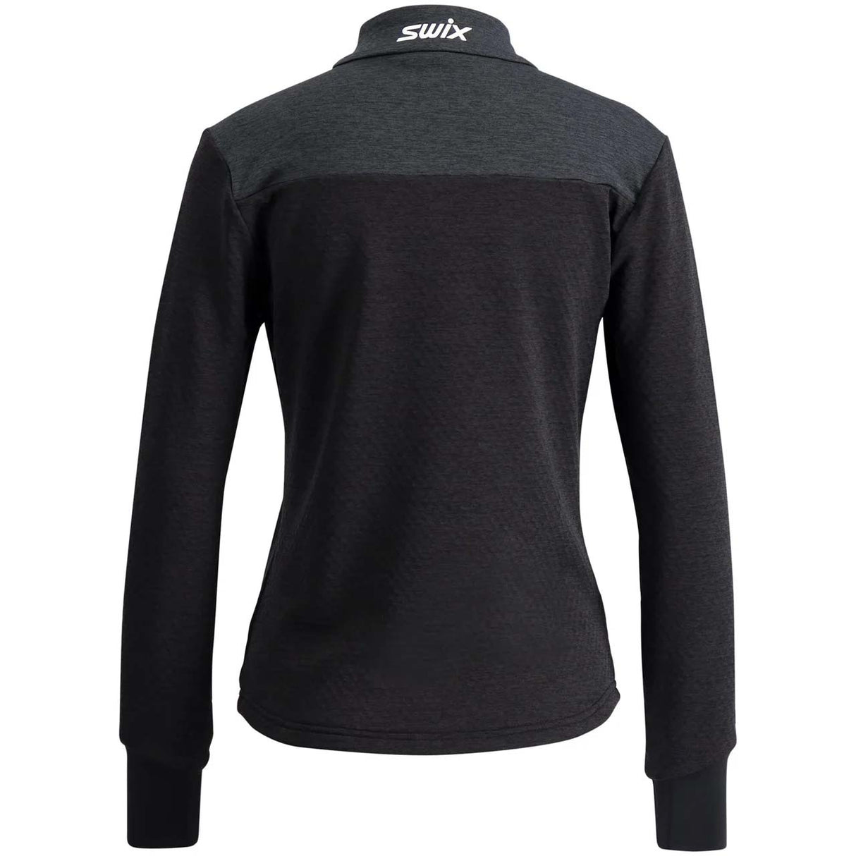 WDynamicMidlayer- A women's long-sleeve half-zip athletic pullover in dark gray and black, featuring a white 'swix' logo on the left chest, shown against a plain white background.