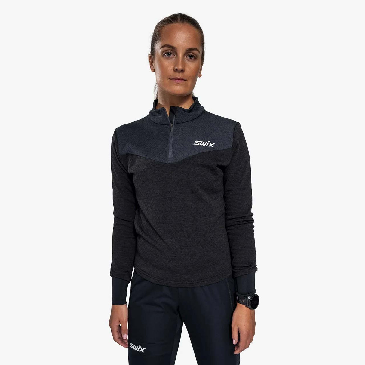 WDynamicMidlayer- A women's long-sleeve half-zip athletic pullover in dark gray and black, featuring a white 'swix' logo on the left chest, shown against a plain white background.