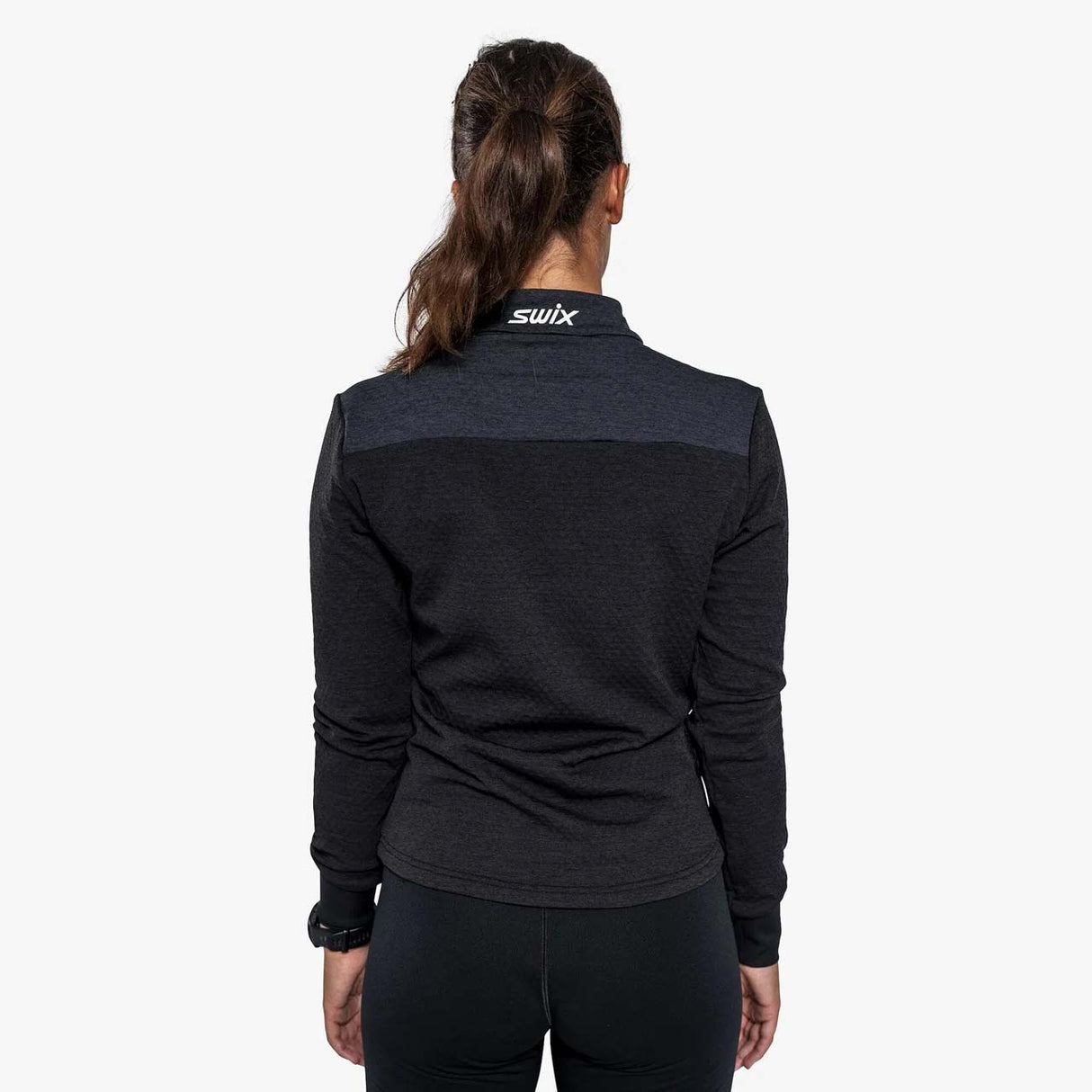 WDynamicMidlayer- A women's long-sleeve half-zip athletic pullover in dark gray and black, featuring a white 'swix' logo on the left chest, shown against a plain white background.
