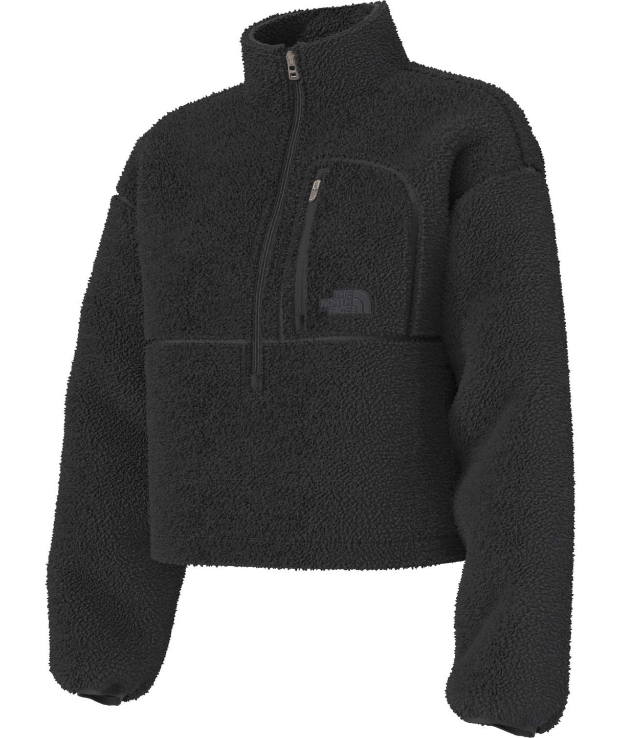 WExtremePile2Pullover- Black fleece pullover with a quarter zip and front pocket on a white background