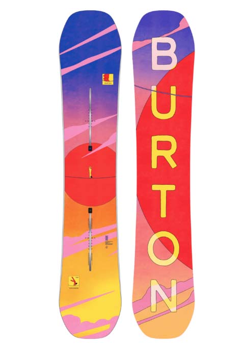 WFeelgoodSnowboard-Colorful Burton snowboard with a vibrant design on a white background