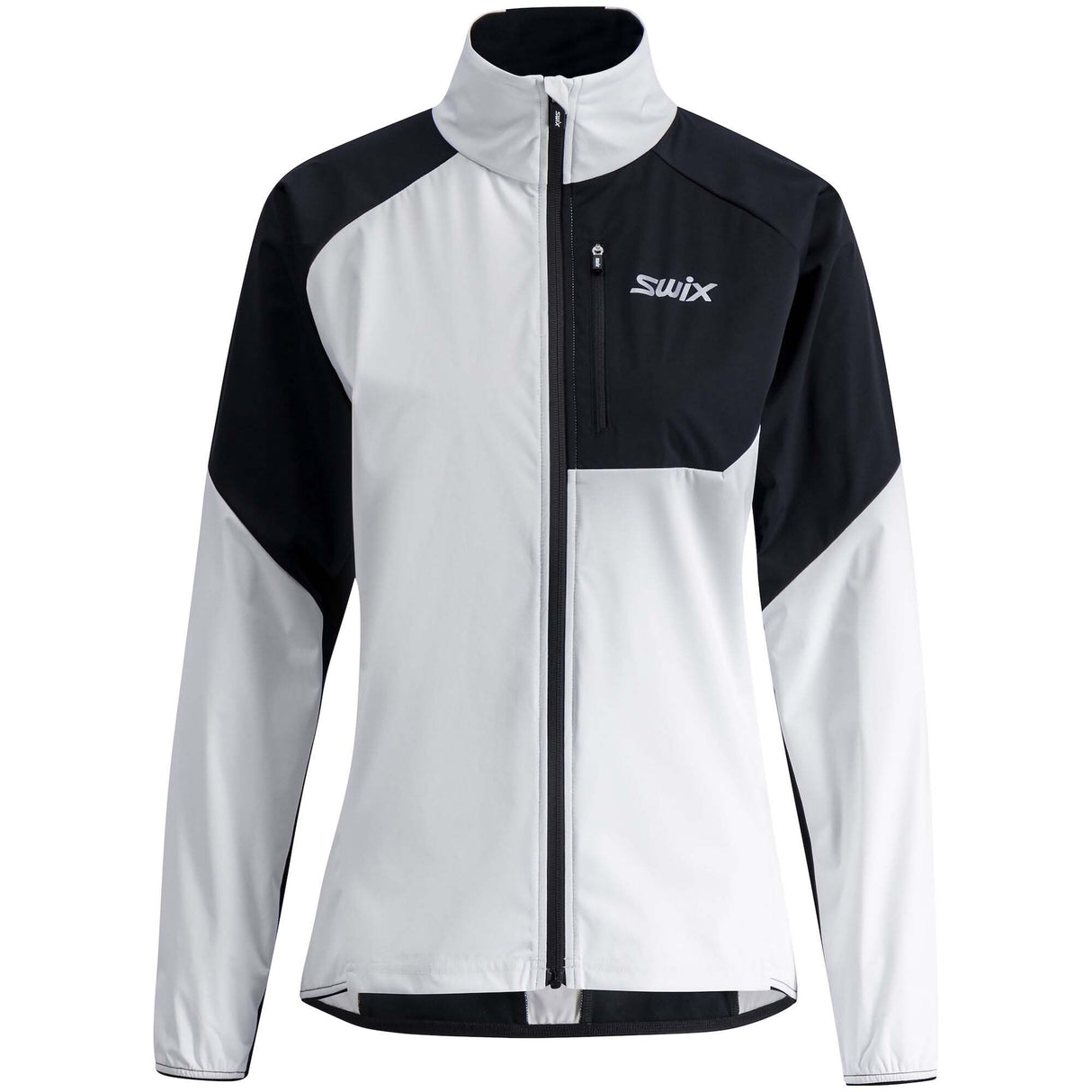 WFocusJacket- A women's colorblock athletic jacket from Swix, featuring a white body, black shoulders and upper chest, and a black front zipper, shown on a plain white background.