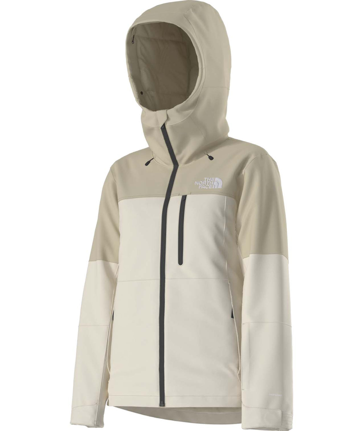 WFreedomInsulatedJacket-Beige and white jacket with a hood on a white background