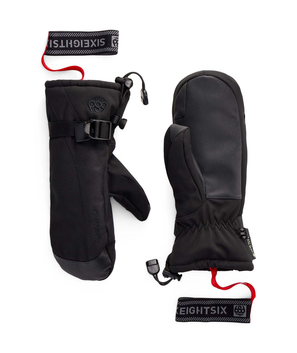 WGore-TexLinearMitt- A pair of black 686 winter mittens shown flat on a white background, displaying both the front and back views with attached red drawstring tags.