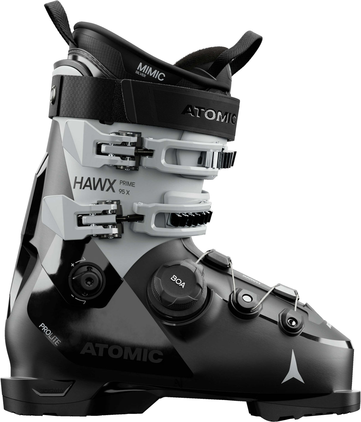 WHawxPrime95XBOA- Grey and black Atomic Hawx ski boot on a white background