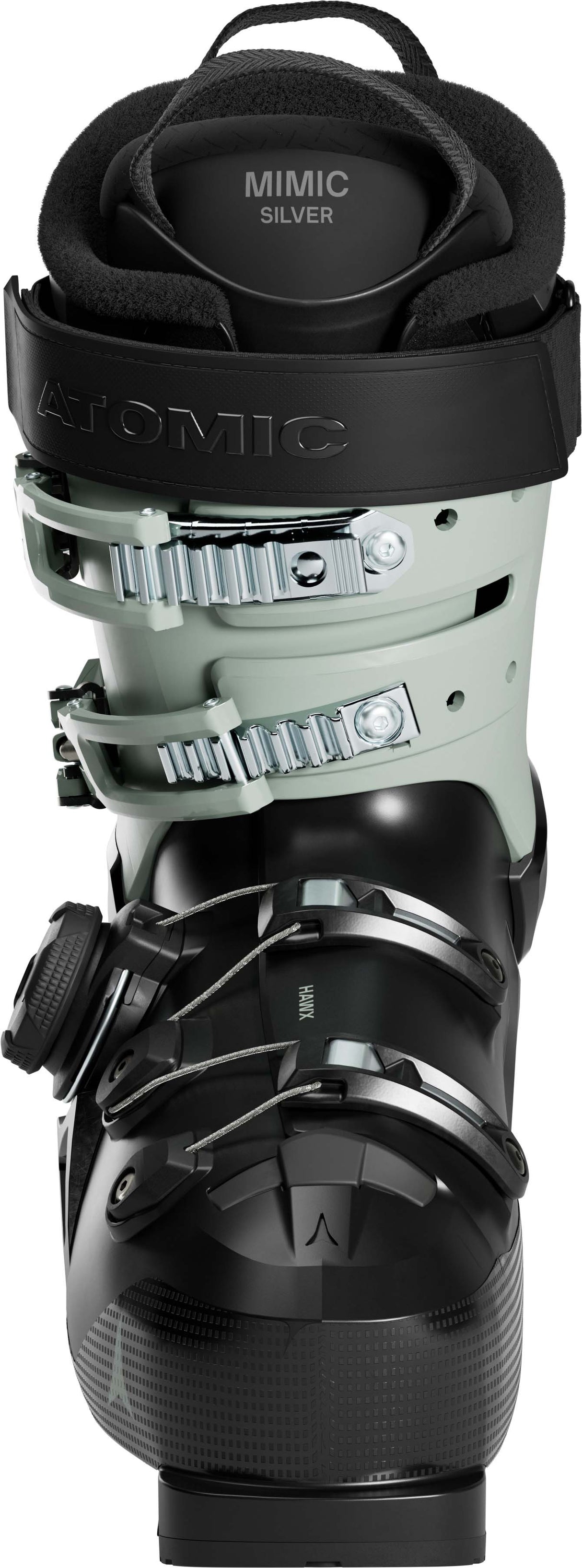 WHawxUltra95BOA- Black and teal Atomic Hawx ski boot on a white background