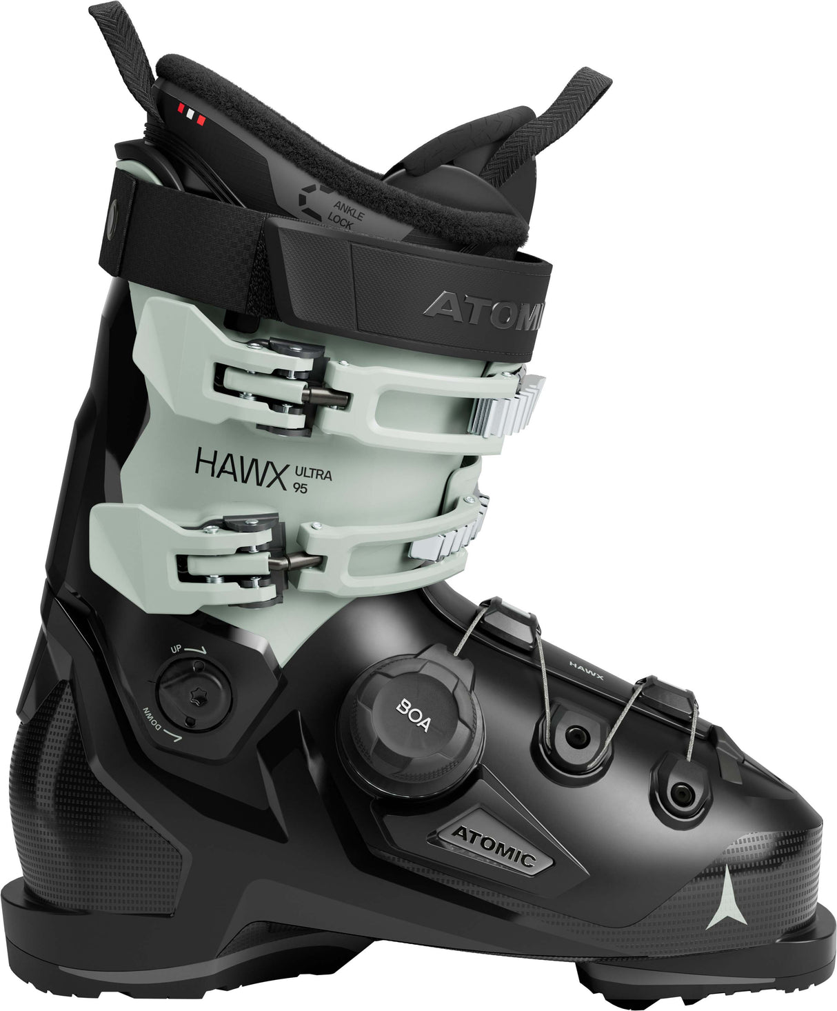 WHawxUltra95BOA- Black and teal Atomic Hawx ski boot on a white background