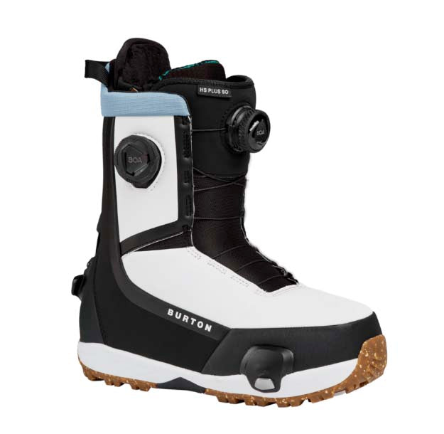 WHighshotPlusStepOnSnowboardBoots-Black and white snowboard boot with visible Burton branding on a white background